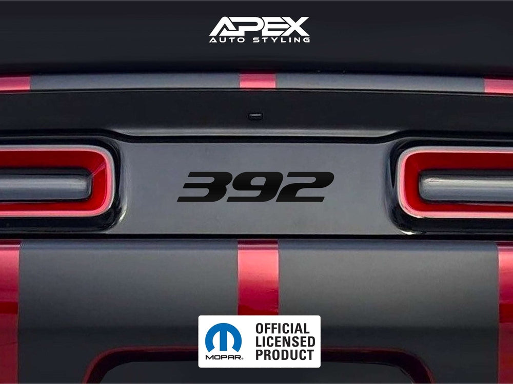 Dodge Challenger taillight divider with 392 logo decal, showcasing Apex Auto Styling customization and Mopar official licensed product badge