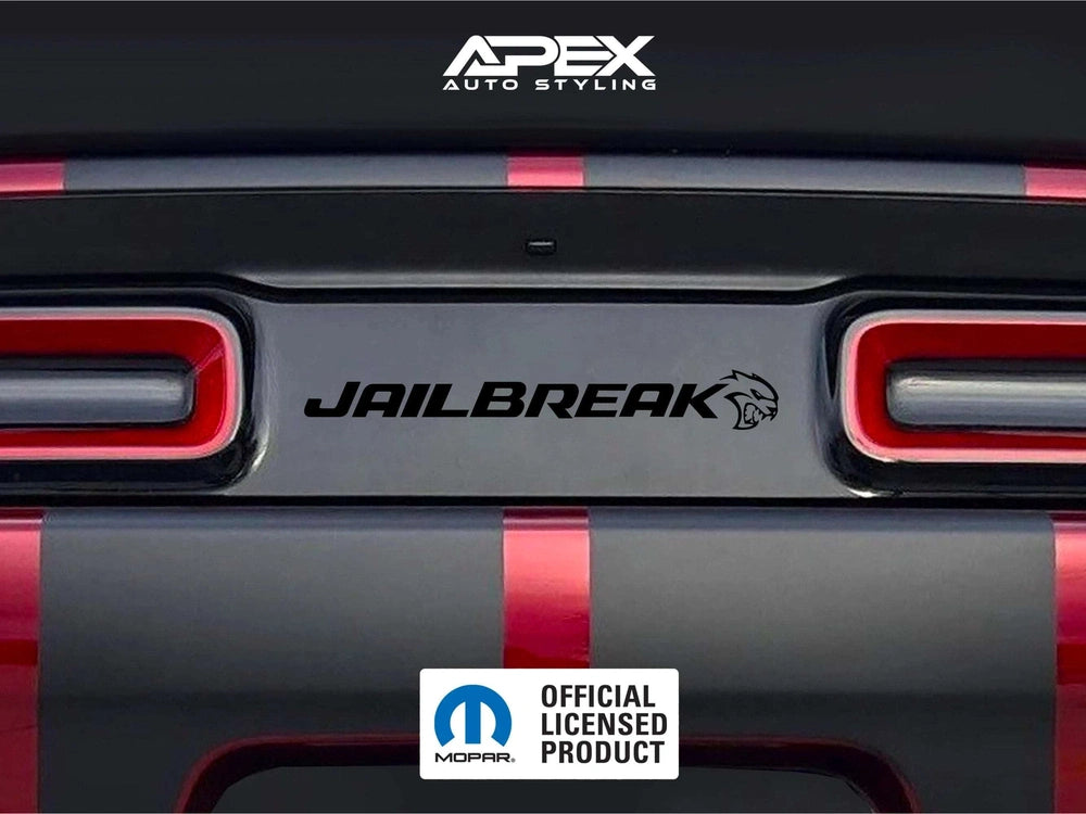 Customizable Challenger taillight divider decal with Jailbreak Hellcat logo, shown on gray panel between red taillights. Apex Auto Styling logo visible. Official licensed product badge displayed.