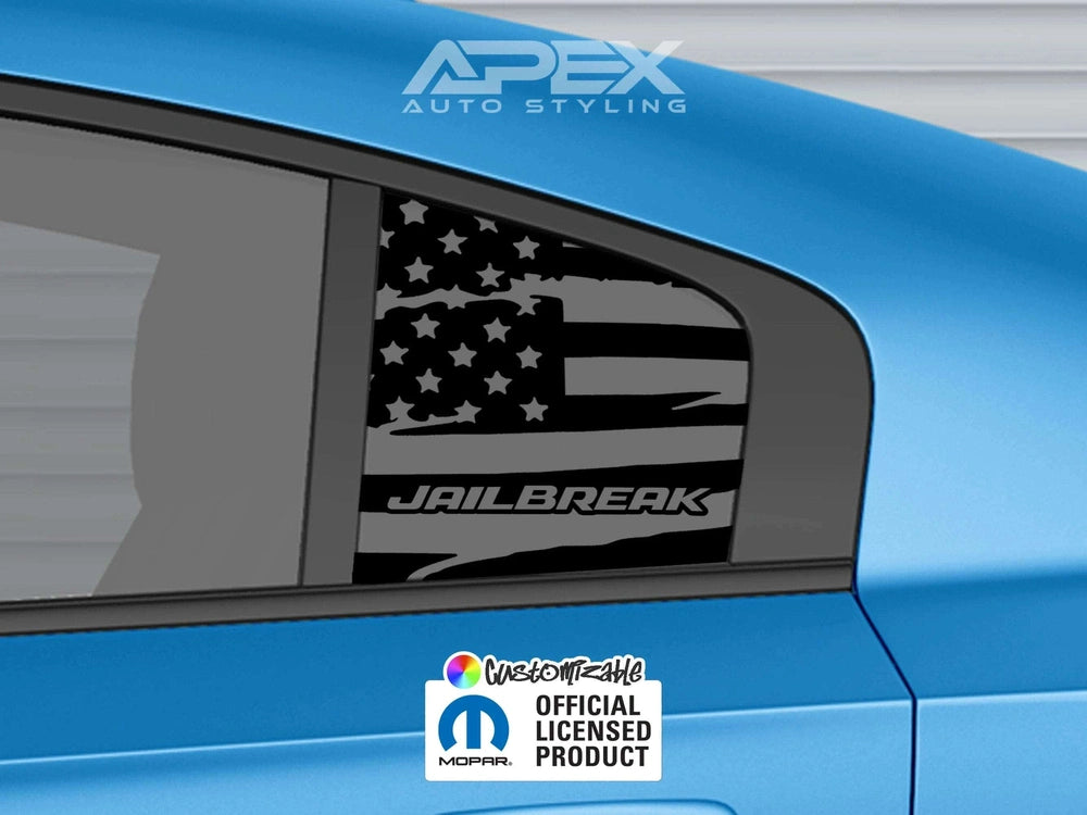 Dodge Charger quarter window with black Jailbreak decal featuring American flag design, on bright blue car body. Apex Auto Styling logo visible.