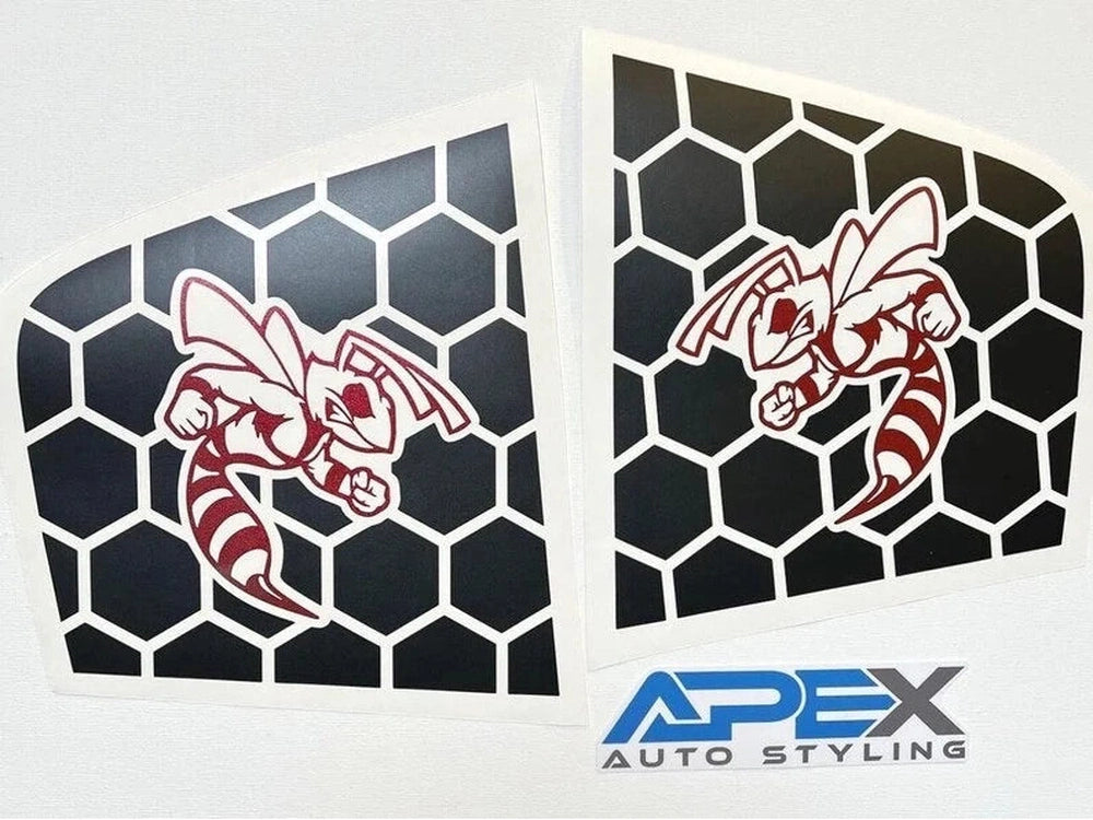 Charger quarter window decals featuring angry hornet logo on black honeycomb background. Two identical decals shown with red hornet design. Apex Auto Styling logo visible below.